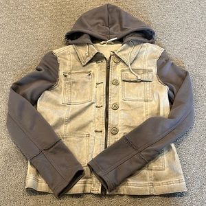 Free people mixed media jacket. Sweatshirt sleeves/hood and canvas chest